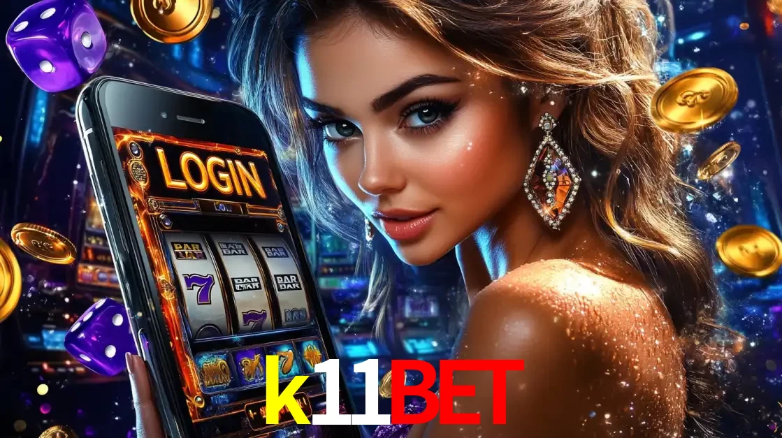 Mulher glamorosa segurando um smartphone com a tela de login para os jogos de caça-níqueis do cassino online k11bet, com moedas de ouro e dados ao redor.